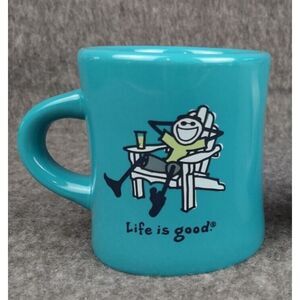 Life Is Good Coffee Mug Teal Blue Jake in Adirondack Chair Diner Retro Stoneware